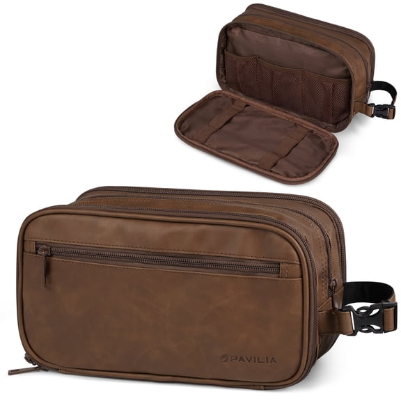 PAVILIA Toiletry Bag for Men, Travel Toiletries Bag | Water-resistant Dopp Kit, PU Leather Shaving Pouch Organizer for Accessories, Cosmetic, Hygiene, Grooming Essentials (XL, Brown)