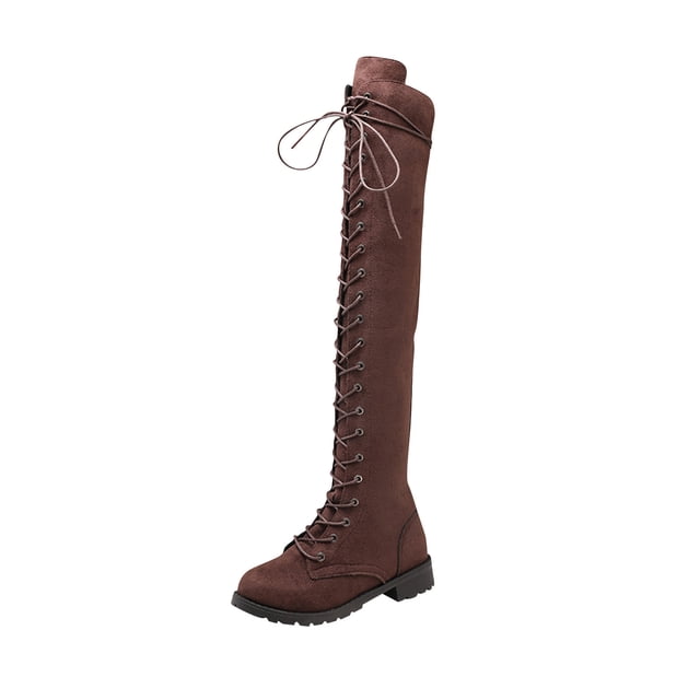 XZNGL Womens Winter Solid Color Warm Suede Side Zipper Lace Up Knee Flat Rider Boots