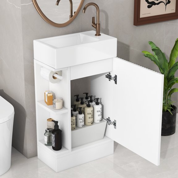 18.6" Bathroom Vanity with Sink, Bathroom Cabinet with Storage Shelf and Tissue Rack