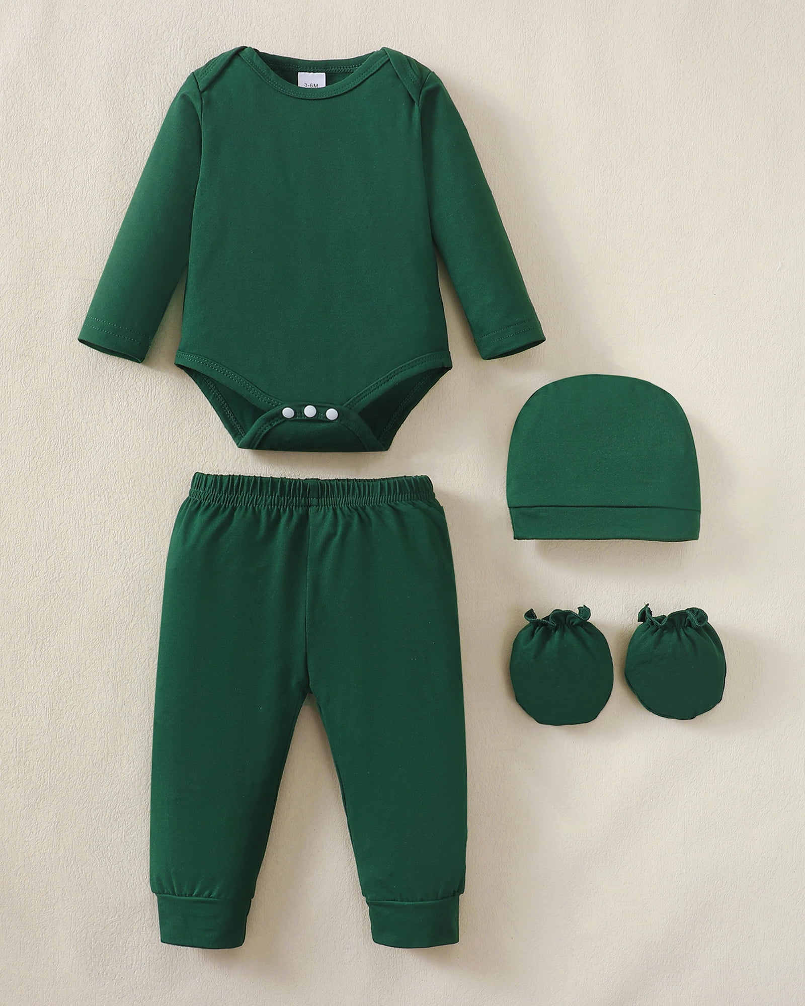 KIMI BEAR Newborn Baby Boys Layette Set 9-12 Months Winter Outfits Long Sleeves Dinosaur Print Romper Top Pants Gloves Hats 4 Packs Shower Gifts 16 Piece Set Green