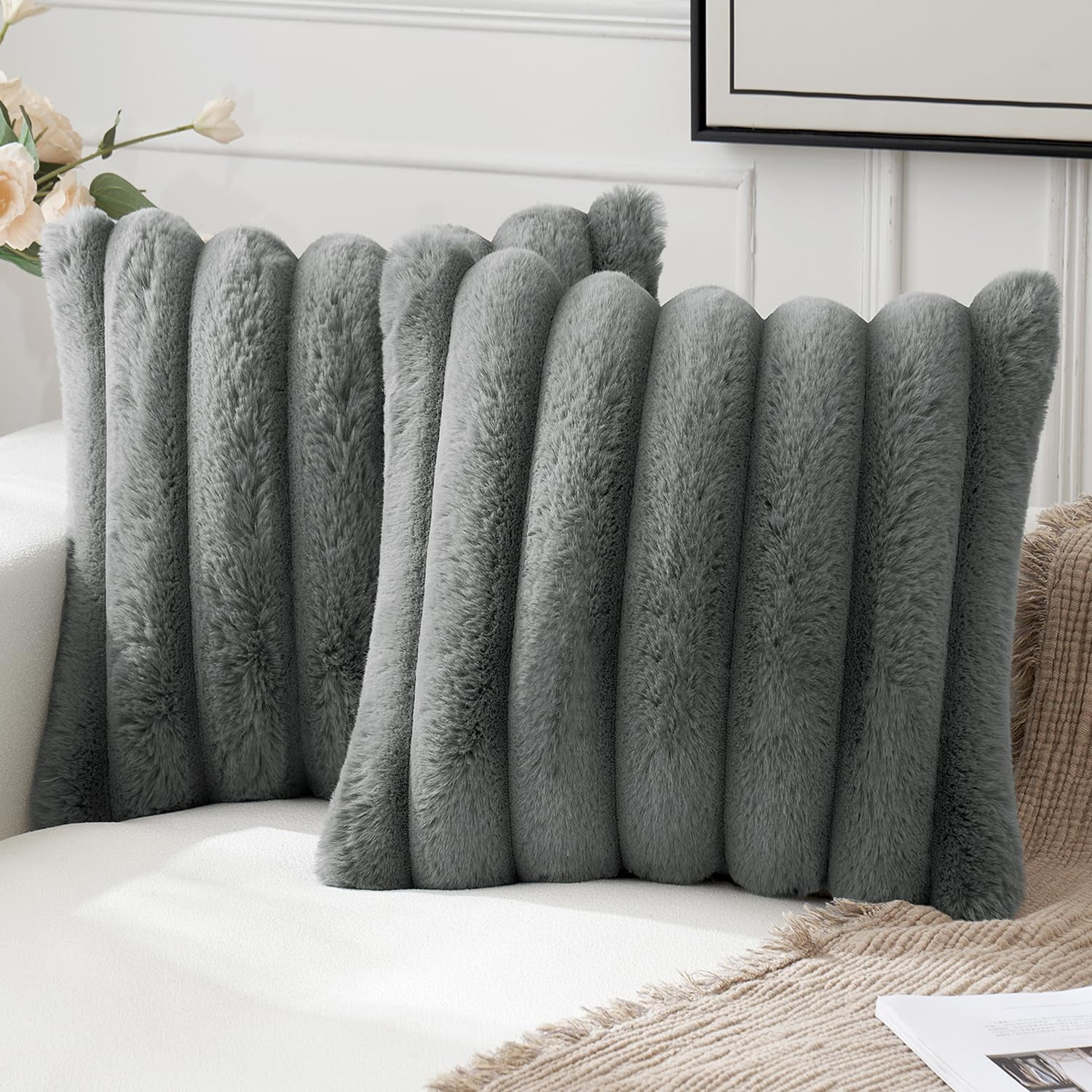 xianlin-Pack of Dark Grey Throw Pillow Covers 20x20 Inch Fuzzy