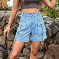 thumbnail image 4 of Women Cargo Denim Shorts - Summer Casual Vintage Loose Button Zipper Shorts Added Light Blue L, 4 of 8
