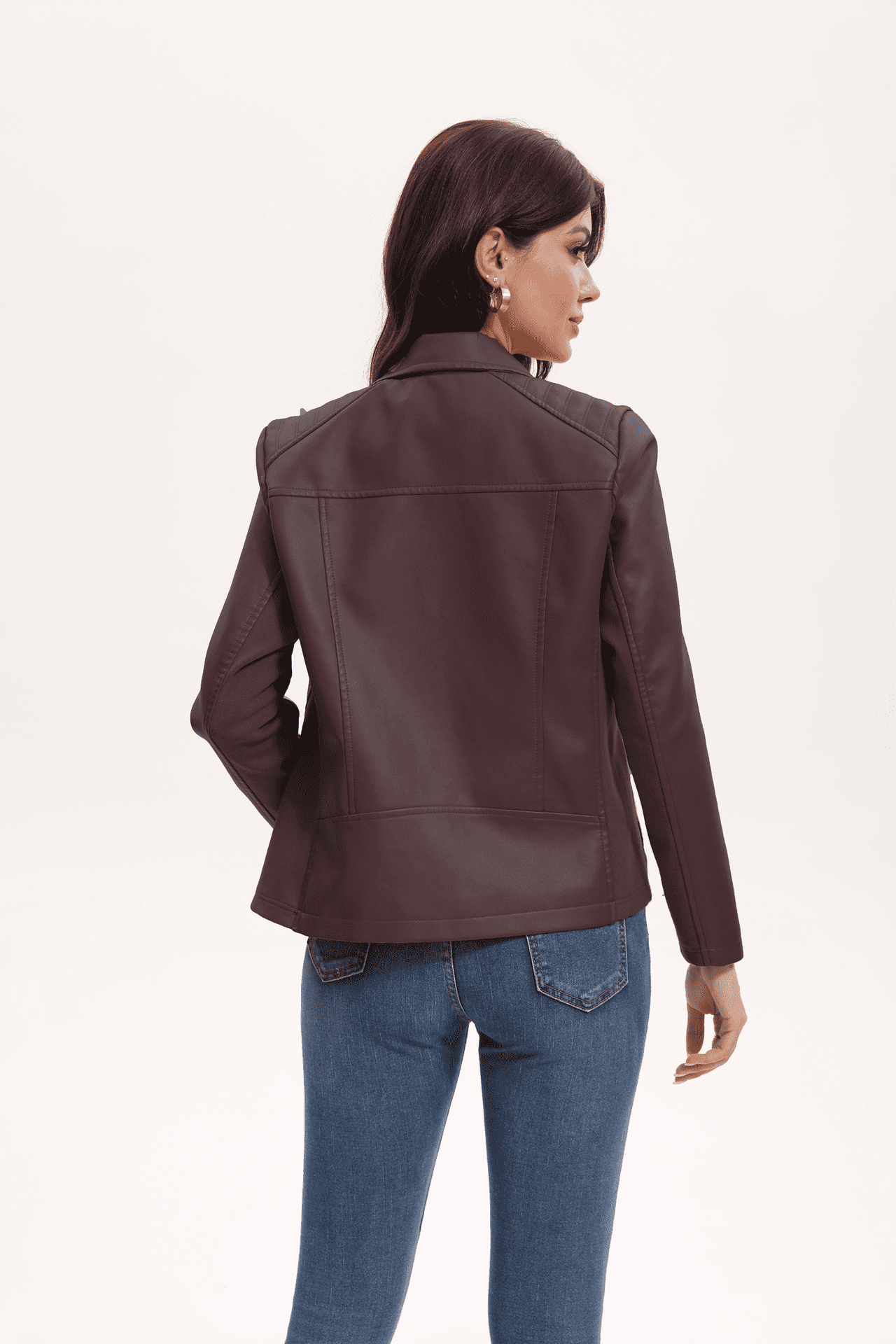 Panan Women's Faux Leather Jacket with Collar Long - Sleeve, Full - Zip Front & Side Zipper Pocket