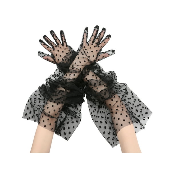 GUANTES DE LUNARES DE ENCJE DE VERANO EXTRA LARGOS PARA MUJERES CON MANGAS ACAMPANADAS, GUANTES DE DEDOS COMPLETOS, TALLA ÚNICA, LUNALES GRANDES NEGROS