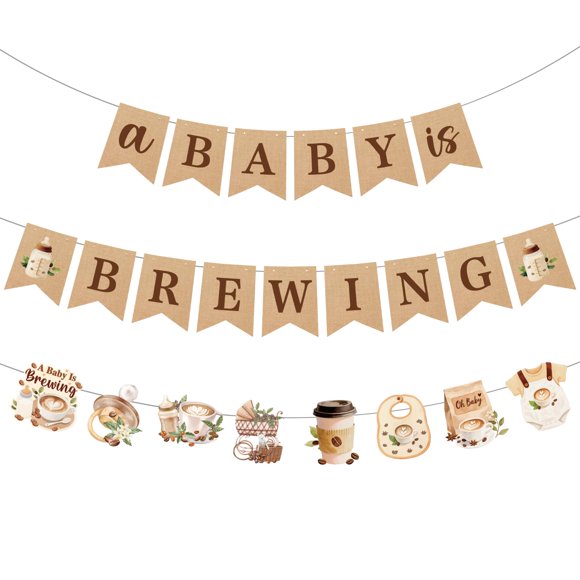 Set de pancartas para baby shower con temática de «Un bebé está preparando café»