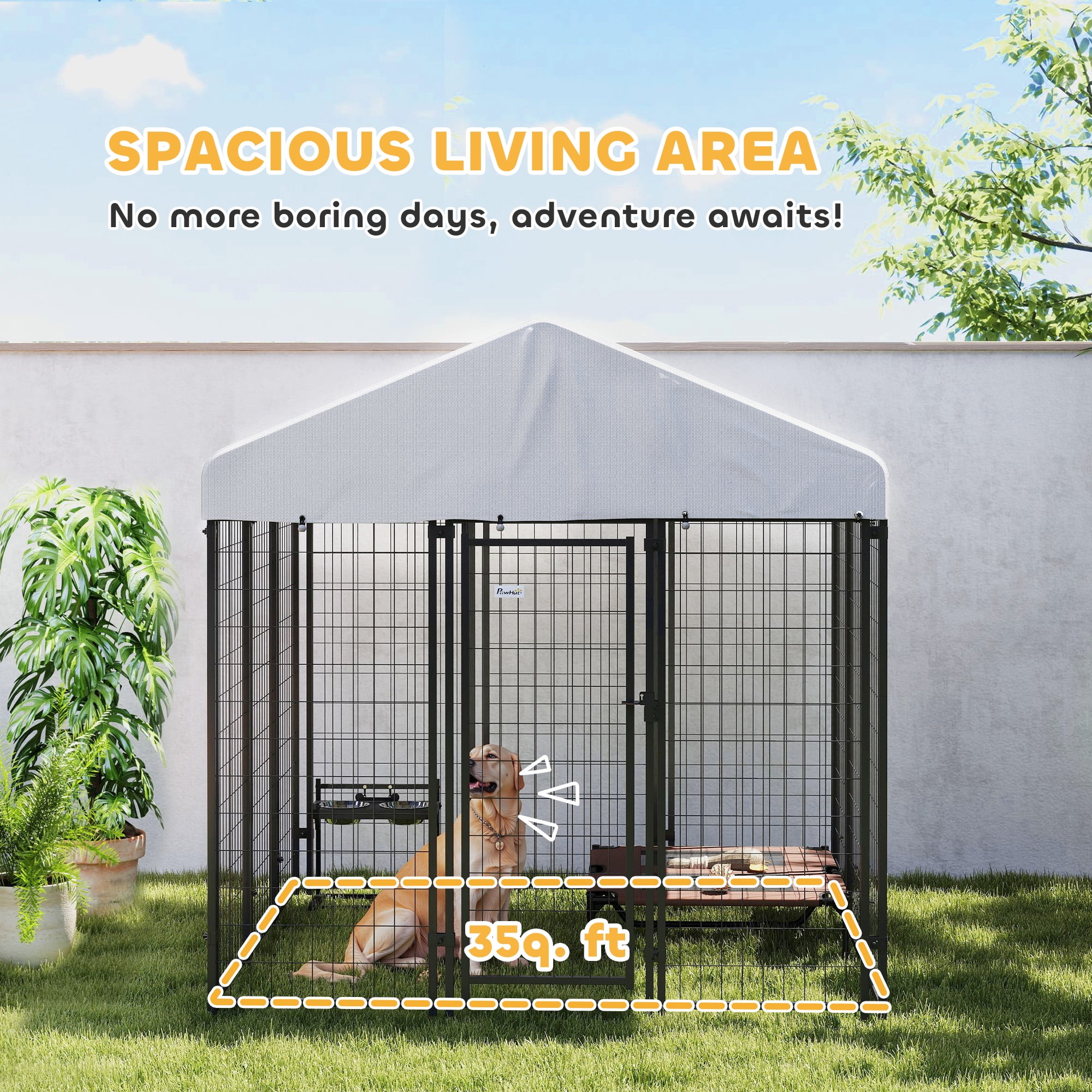 PawHut Outdoor Dog Kennel with Roof, Welded Wire Dog Playpen Enclosure with Escape-proof Lock, UV-Resistant & Waterproof Cover, 6' x 6' x 6', Silver