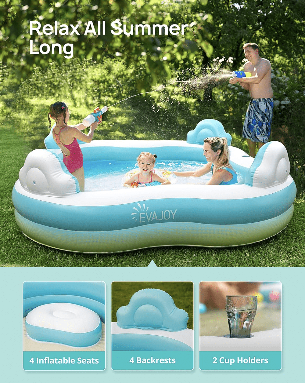 EVAJOY Inflatable Swimming Pool for Kids, Adults, Family-Sized Above Ground with 4 Seats, 4 Backrests, 2 Cup Holders Backyard, Garden, Outdoors, 200 gal