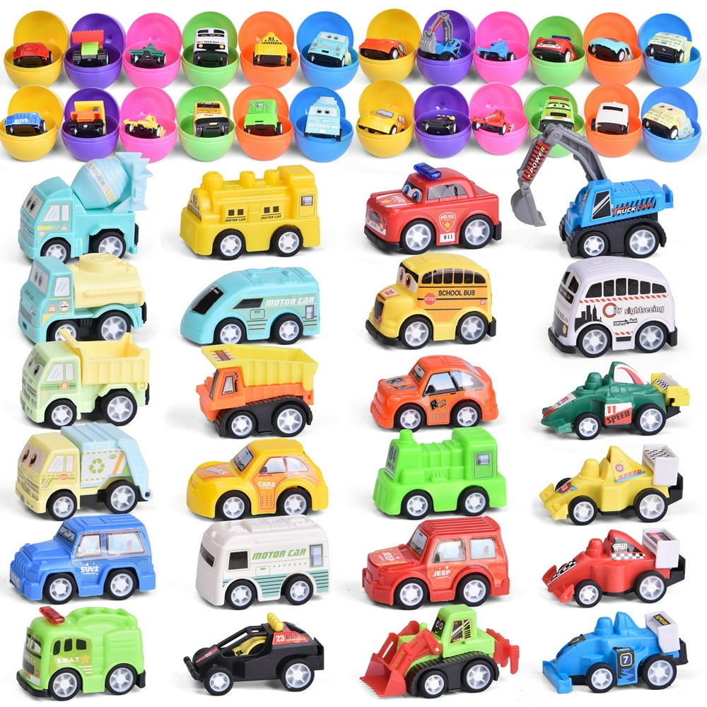 24 Pcs Easter Eggs Filled with Mini Pull Back Vehicles, Bright Colorful
