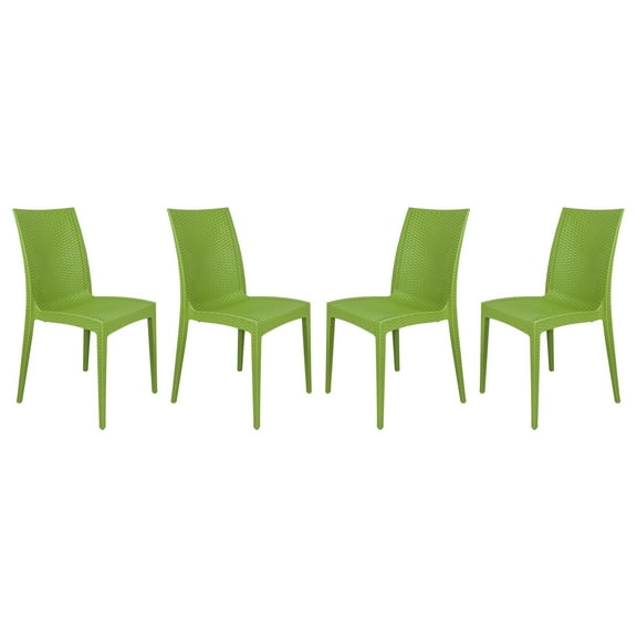 LeisureMod Weave Design Indoor Outdoor Dining Chair in Green Set of 4