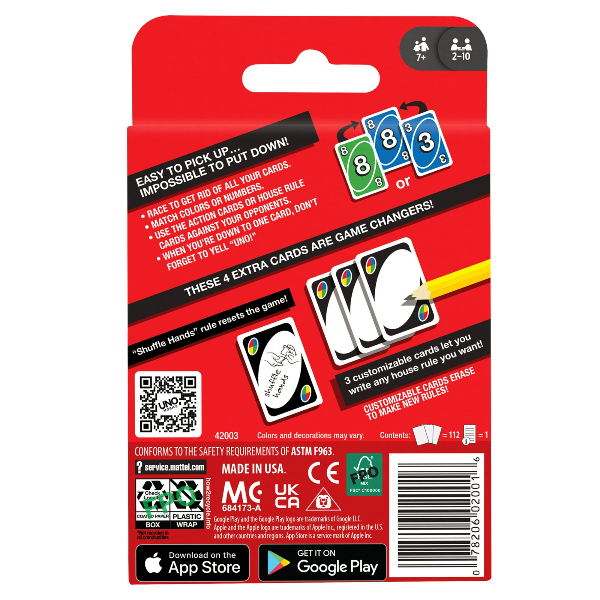 UNO Color & Number Matching Card Game, Customizable Family Fun, 2-10 Players Ages 7+