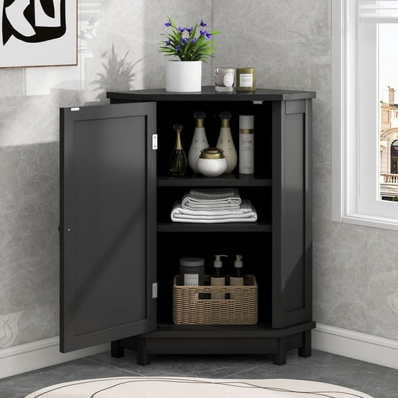 LUMAMIN Corner Cabinet, Modern Free-Standing Corner Storage Cabinets with Adjustable Shelf for Bathroom, Kitchen, Living Room, Black