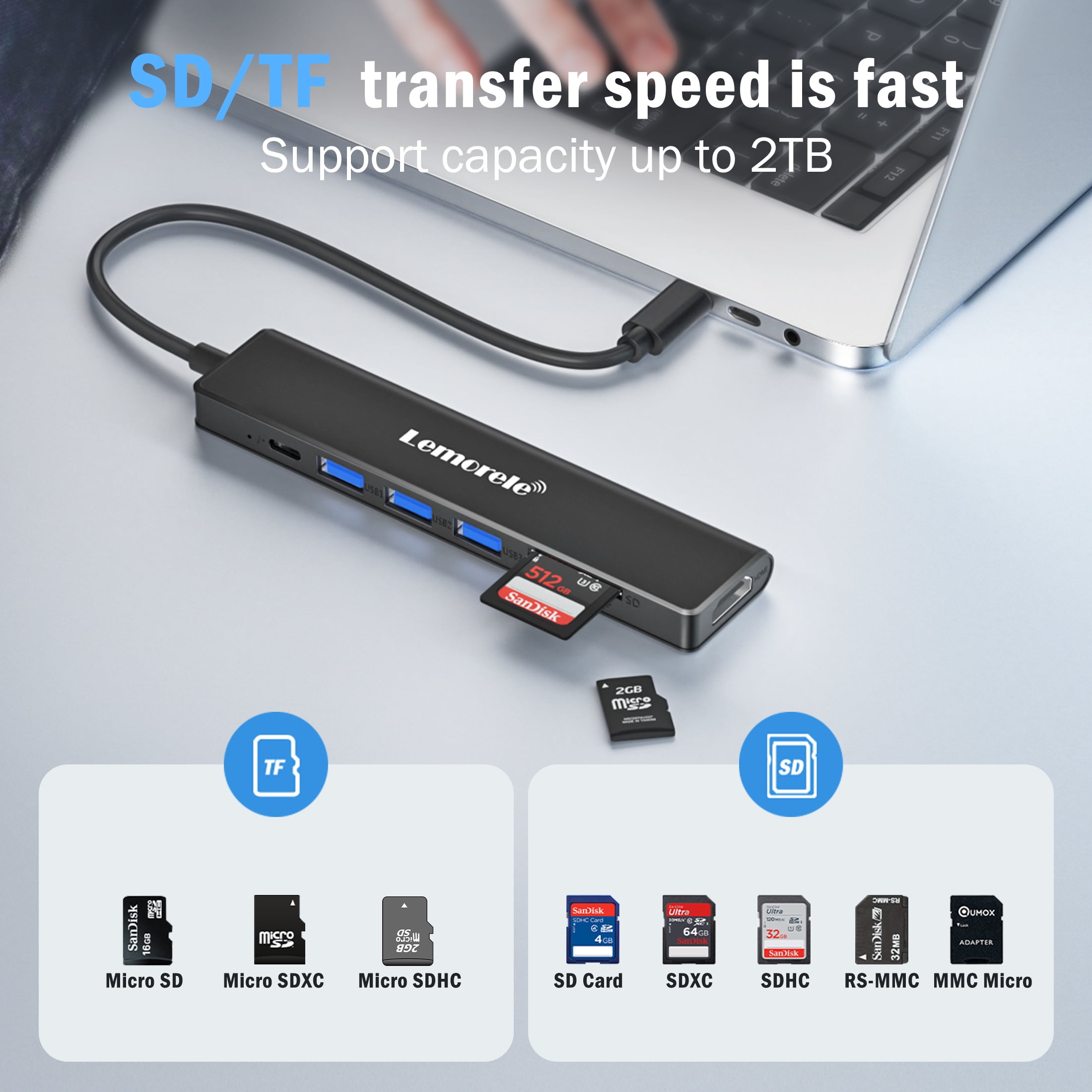 Lemorele USB-C Hub, Docking Station, 7-in-1 USB C Adapter with 4K HDMI,  USB 3.0/2.0 Data Ports, SD/TF Card Reader, 100W PD Fast Charging