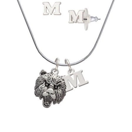 Large Bear – Mascot – M Initial Charm Necklace and Stud Earrings Jewelry Set