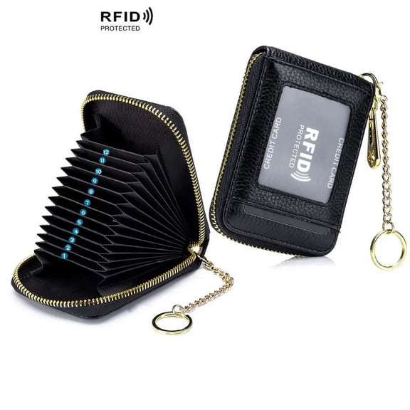 Women Genuine Leather ID Case Card Holder with Key Chain. 12 Credit Card Vertical Slots Fluorescent Minimalist Wallet Purse. RFID Blocking.