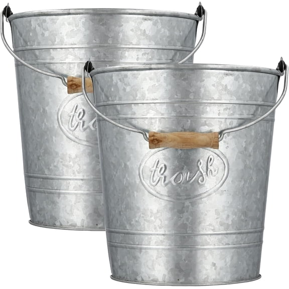 Autumn Alley Farmhouse 2 Pack Bathroom Trash Can - Rustic Galvanized Trash Can Bucket with Wooden Grip for Rustic Bathroom, Farmhouse Kitchen, Country Home Décor, 7 Liter, Galvanized Grey