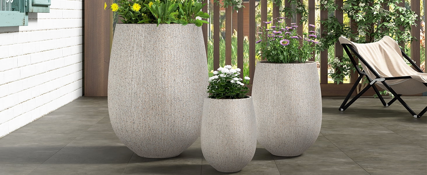 Mintazer Modern Planter Set of 3, 15.6''/10.8''/7.3'' Stackable Flower Pots with Drainage Holes, Stone-Look Textured Decorative Plant Pots for Indoor & Outdoor, Gray