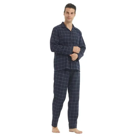 

Men‘s Plaid Color Block V-neck Button Long Sleeve Pajamas Tops & Long Pajamas Pants Loungewear Set For Indoor