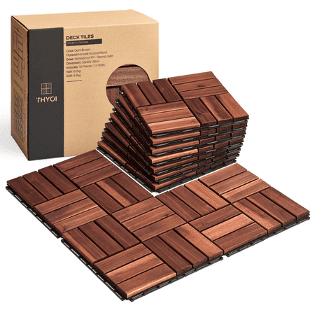THYOI 10 Pcs Interlocking Deck Tiles 12  x 12   Patio Flooring Outdoor Waterproof  Acacia Wood Tiles All Weather  Floor Tiles for Balcony  Backyard  Indoor and Outdoor use (Square Joint  Dark Brown)