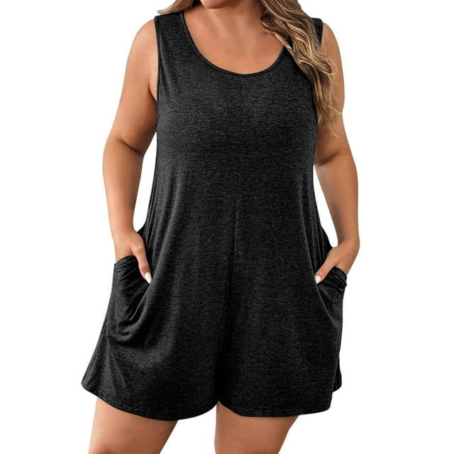 Dealovy Combinaisons pour Femmes Grande Taille Col Rond Décontracté Sans Manches Combinaisons Courtes Couleur Unie avec Poches