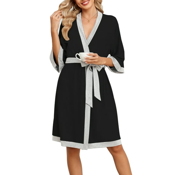 DreamFish Women's Floral Knit Bathrobe Soft Kimono Style Robe Knee Length Sleepwear with Pockets 3/4 Sleeves