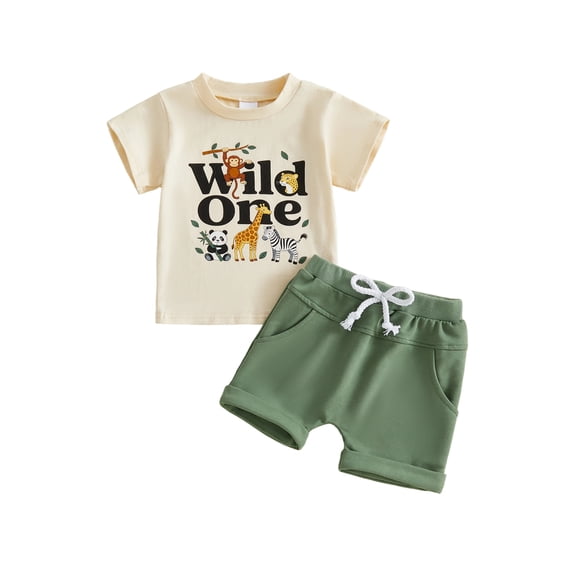 BemeyourBBs Baby Boy First Birthday Outfit Wild One Years Old Birthday Summer Clothes Animal Letter Print Short Sleeve T-shirt and Solid Shorts Set