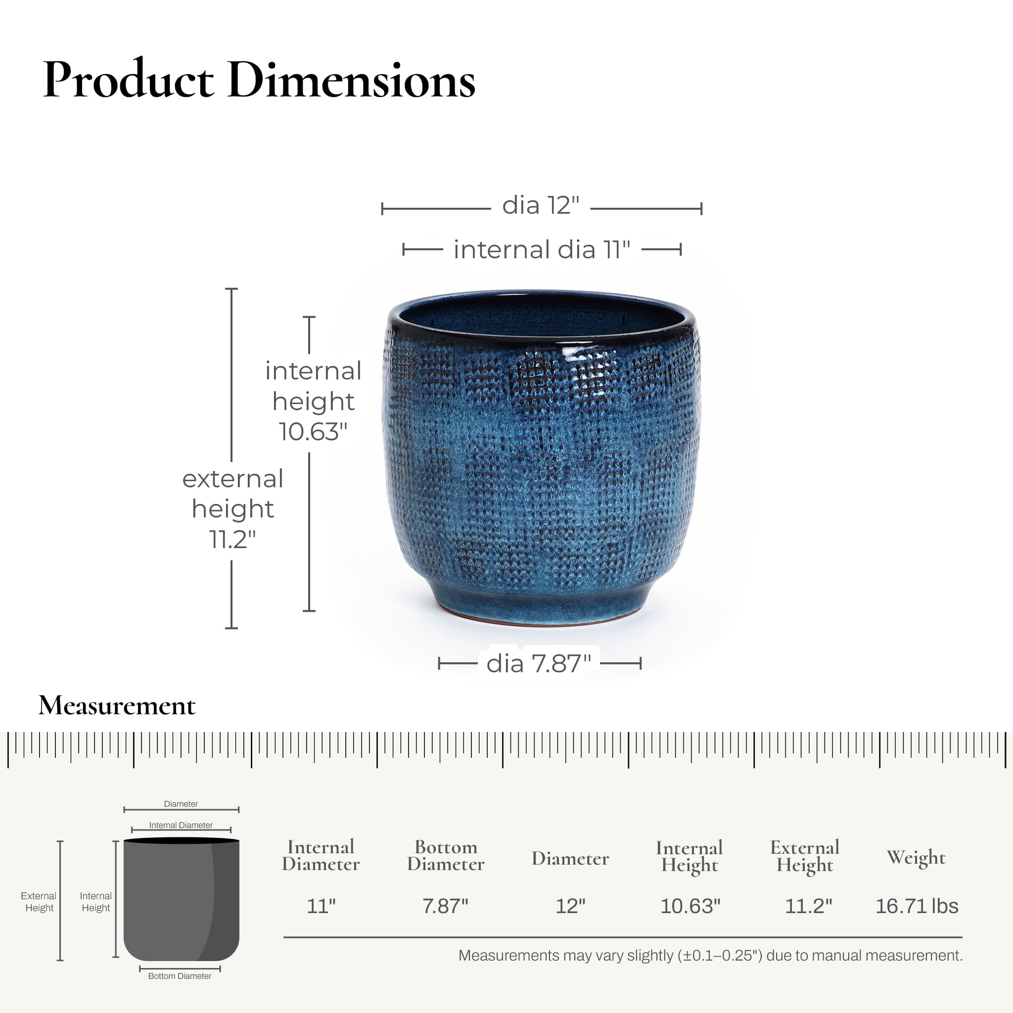 LuxenHome 12" Dia Large Ceramic Planter Pots for Plants, Teal Blue Glazed Round Planter with Drainage