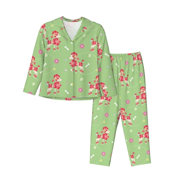 Fotbe Cute Poodle Dog Conjunto de Pijama de Manga Larga para Mujer con Estampado, Ropa de Dormir de 2 Piezas, Conjunto de Casa Suave y Cómodo con Bolsillos-Large