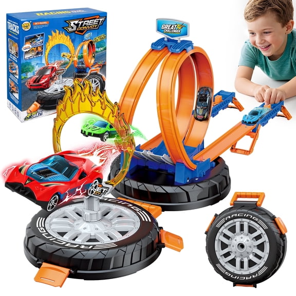 KNMDU Race Car Track Set Toy Stunt Racing Playset with 360° Loop Car Track for Kids Ages 3 with Four 1:64 Scale Vehicles