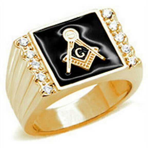 Free Mason Ring - Gold Square CZ Freemasonry Style - Plated Gold Masonic Rings