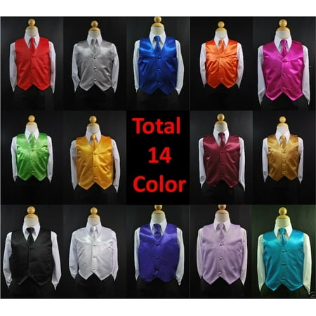 New 2pc Set Satin Vest + Necktie Baby Toddler Kid Teen Formal Boy Suit 14 Color