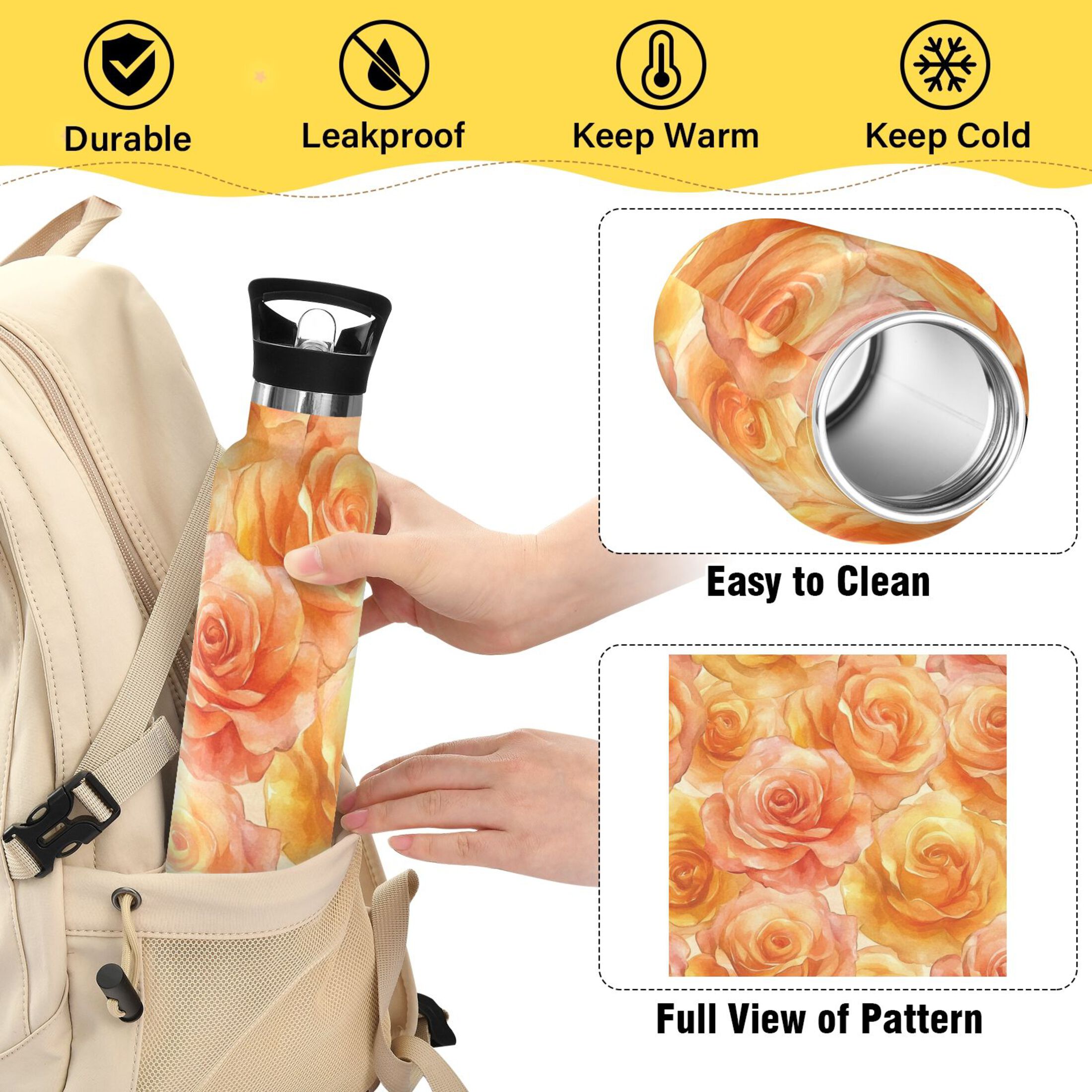600ML Stainless Steel Insulated Cup Sports Water Bottle Portable Thermos Cup Water Glasses Insulated Tumblers Convenient and Durable Orange Roses Seamless
