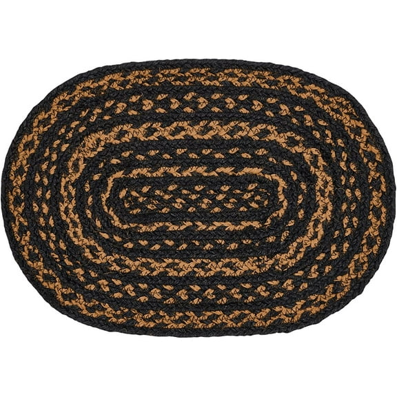 VHC Brands Black & Tan Dining Table Placemat, Braided Jute, Oval, Black, 10x16