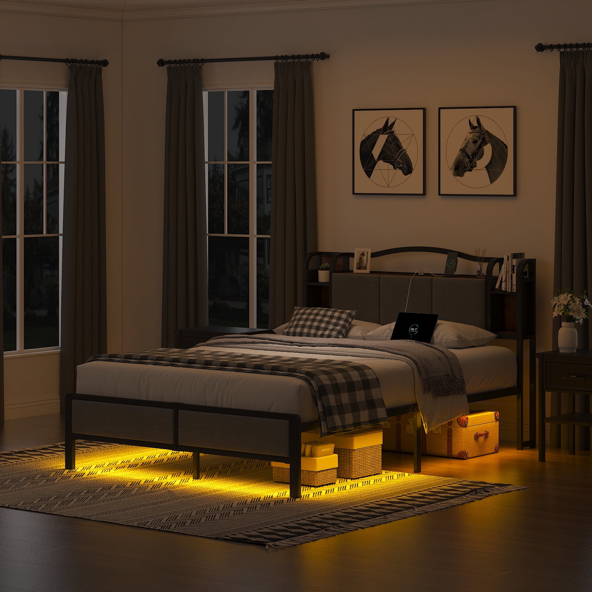 WANTAI Queen Upholstered Platform Bed Frame with LED Lights and Charging Station