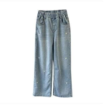 Cute Jeans For Girls 10-12 Girls Cute Wide Leg Flared Jeans Kids Oversized Elastic Waist Paper Bag Pants with Pockets 5-14 Years Jeans Kids