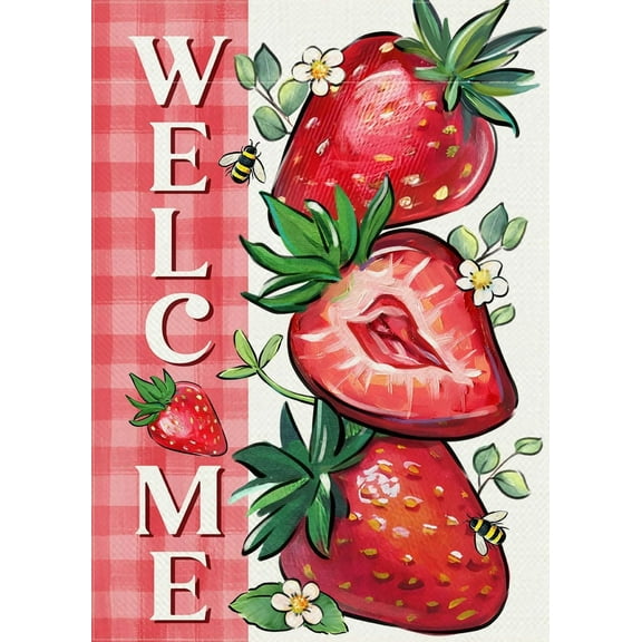 Welcome Spring Summer Strawberry Decorative Garden Flag, Red Fruit Plaid Check Farmhouse Yard Outside Decorations, Seasonal Burlap Outdoor Small Home Decor Double Sided 12.5x18