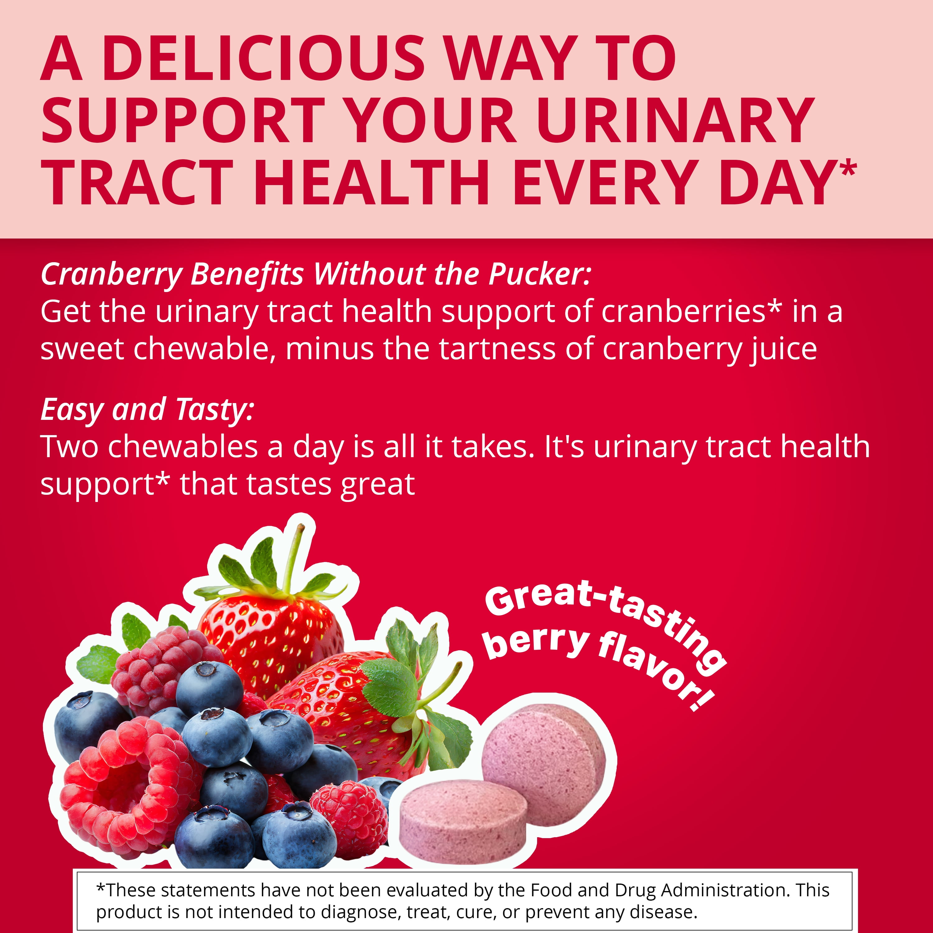 URIcalm Cranberry Urinary Tract Health Supplement, Chewable, Women's Health, Berry Flavor, 40 Count