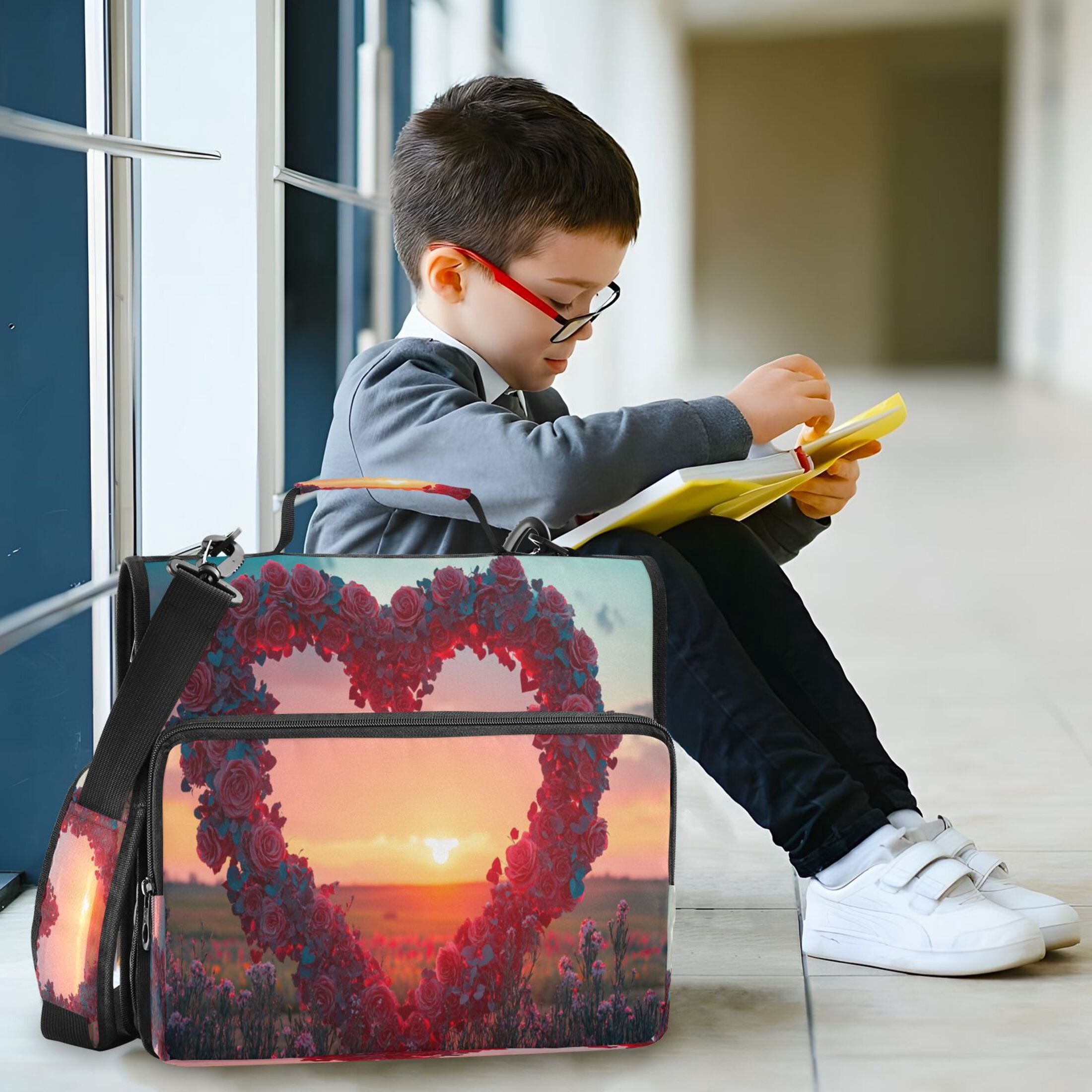 YAZAOO Zipper Binder trapper keeper Documents Organized Design Heart Shaped Floral Wreath Sunset Printed