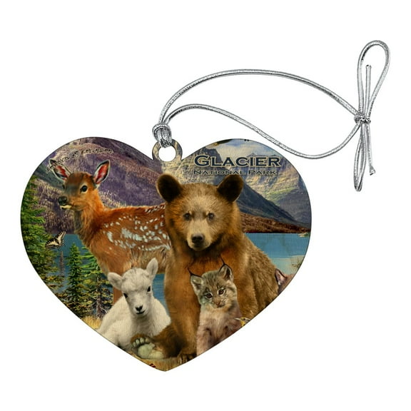 Glacier National Park Montana Animals Bear Eagle Deer Bobcat Wolf Heart Love Wood Christmas Tree Holiday Ornament