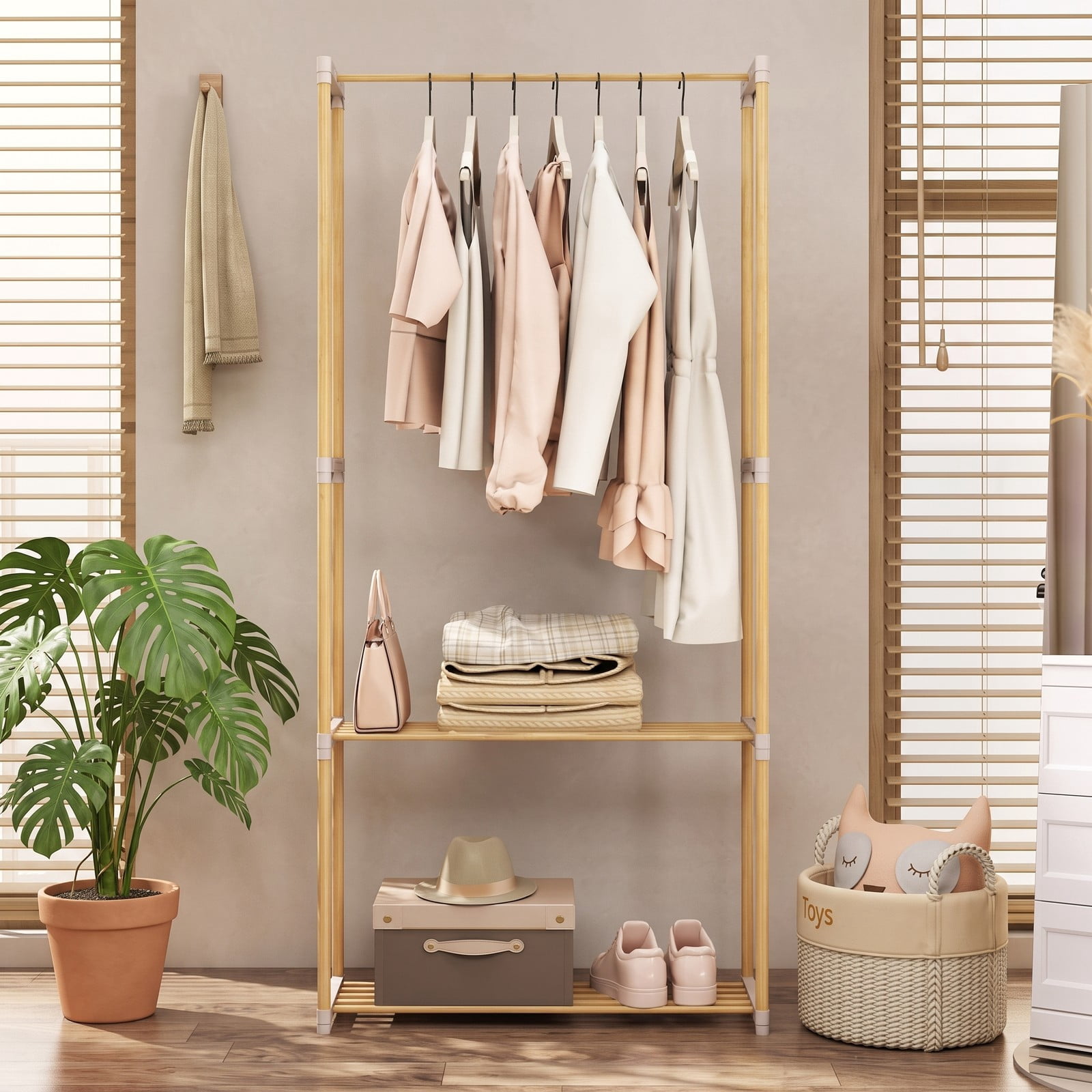 Furnibear Pine Wood Clothes Rack with 2-Tier Open Storage Shelf for Hanging Clothes in Bedroom Hallway and Closet, Natural and Gray