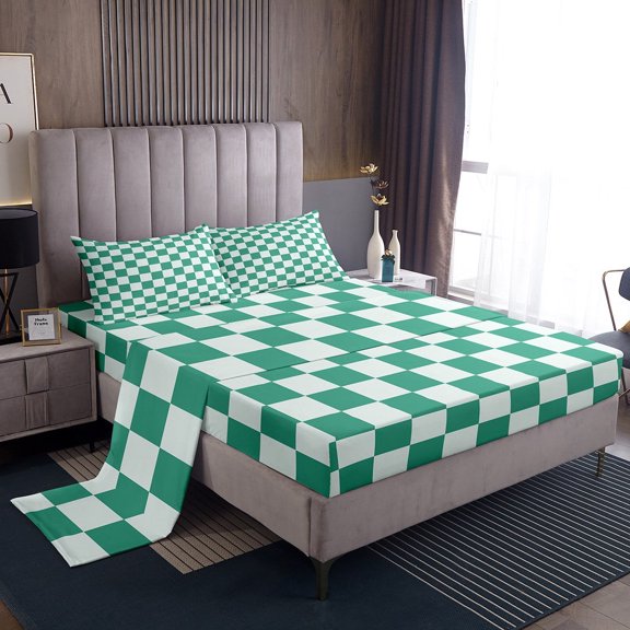 Erosebridal Buffalo Square Sheet Set Twin,Green Teal Bedding Sets Twin Size,Geometric Decoration,Breathable,3pcs