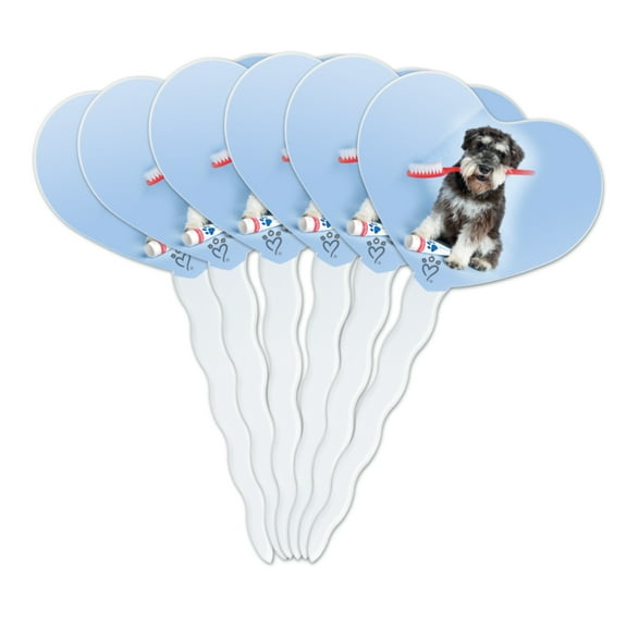 Schnauzer Puppy Dog with Toothbrush Dentist Heart Love Cupcake Picks Toppers Decoration Set of 6