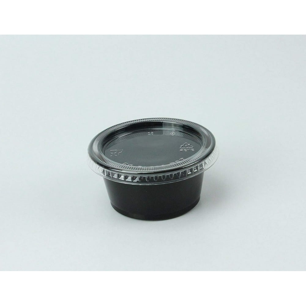 Disposable 2oz Black Plastic Condiment Cups with Lids 200Pack, Sample