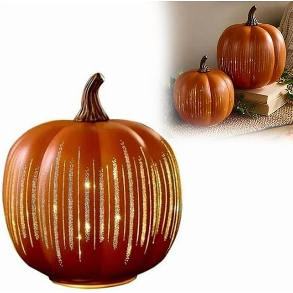 Starry Night Glass Pumpkins, Twinkle LED Light Pumpkins, Halloween Pumpkin Night Light, Set of 2 with Built-In Timer, One-Button Control, Perfect for Bedroom, Hallway & Home