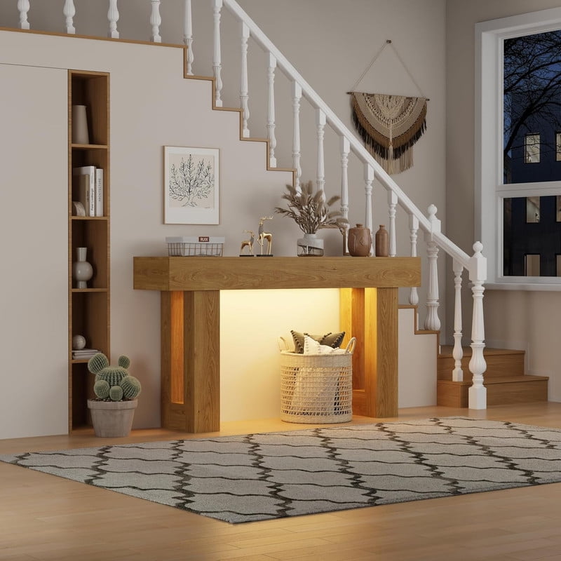 63-Inch Long Console Table with Sensor Light, Farmhouse Entryway Table, Wooden Rectangular Sofa Table Behind Couch for Entrance, Hallway, Living Room