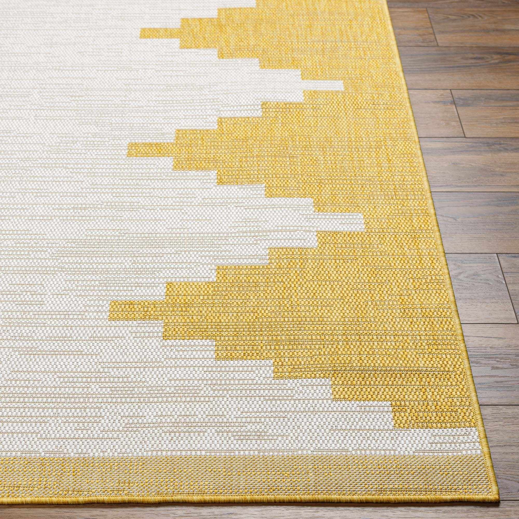 Hauteloom Djugun Outdoor Area Rug - Outside Porch Patio Rug Carpet - Waterproof Rug - Geometric - Yellow, Off White, White, Cream, Bone - 5'3" Round