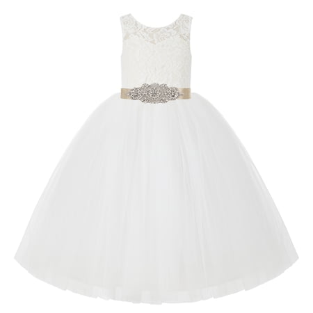 Ekidsbridal Girl Wedding Flower Girl Dress - Ivory Illusion Lace Tulle Tutu with Rhinestone Beaded Sash 212R3-A (Size: 2-10)