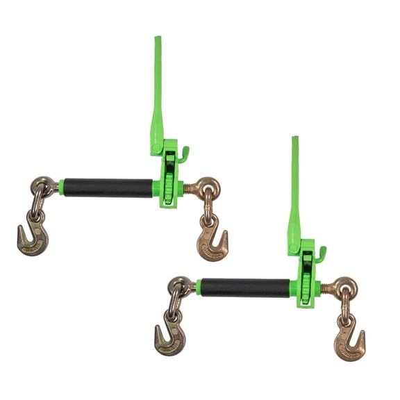 2 Pack 5/16" - 3/8" Hi-Viz Green Heavy Duty Folding Handle Ratchet Load Binder w/ Grab Hook 7,100 lbs WLL | Tie Down Hauling Chain Binders for Flatbed Truck Trailer