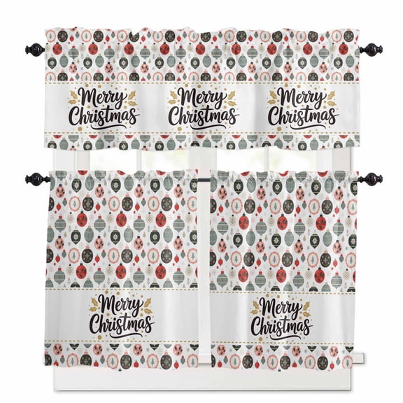 Merry Christmas Kitchen Curtains and Valances Set, Vintage Watercolor Ball Decoration Rod Pocket Window Valance 18 Inch Window Curtain Panels for Living Room Bedroom Laundry, 27.5x36in, 3 Pieces