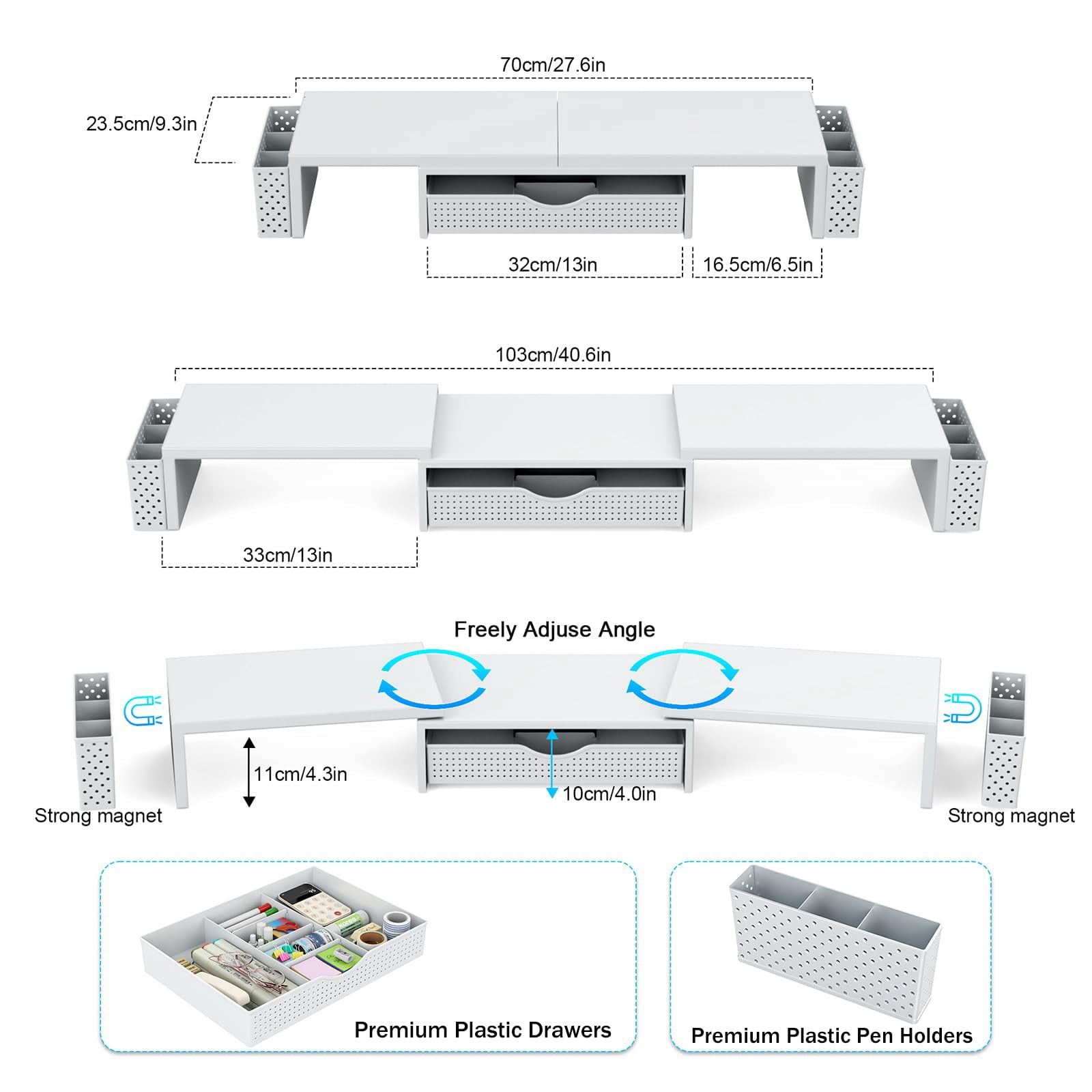 Metal Desk Organizers And Accessories  Dual Monitor Stand Riser With Drawer 2 Pen Holders & Workspace Desktop For Office Supplies (white)
