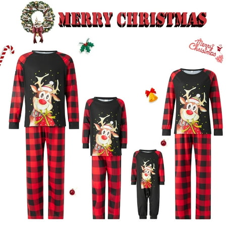 

Family Matching Christmas Pajamas Set Elk Plaid Print Tops Pants Xmas Holiday Loungewear Sleepwear Jammies Pjs Outfit